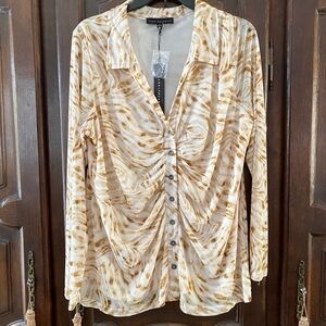 Tan & ivory long sleeve wave pattern mesh knit button front stretchy top XL NWT
